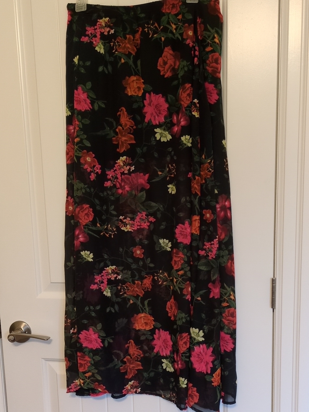 Black Floral Maxi Skirt with Pink & Orange Blooms
